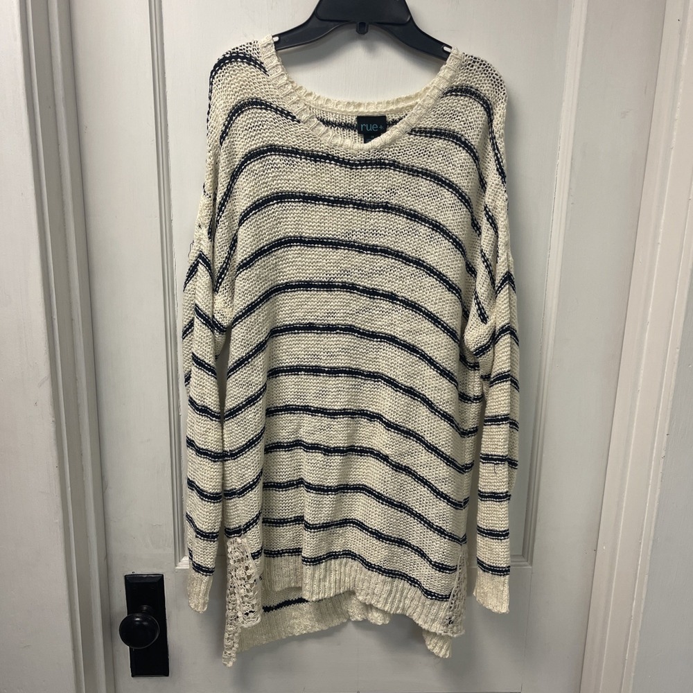 Rue 21+ Cream And Navy Stripes Loose  Knit Cozy Sweater 1X